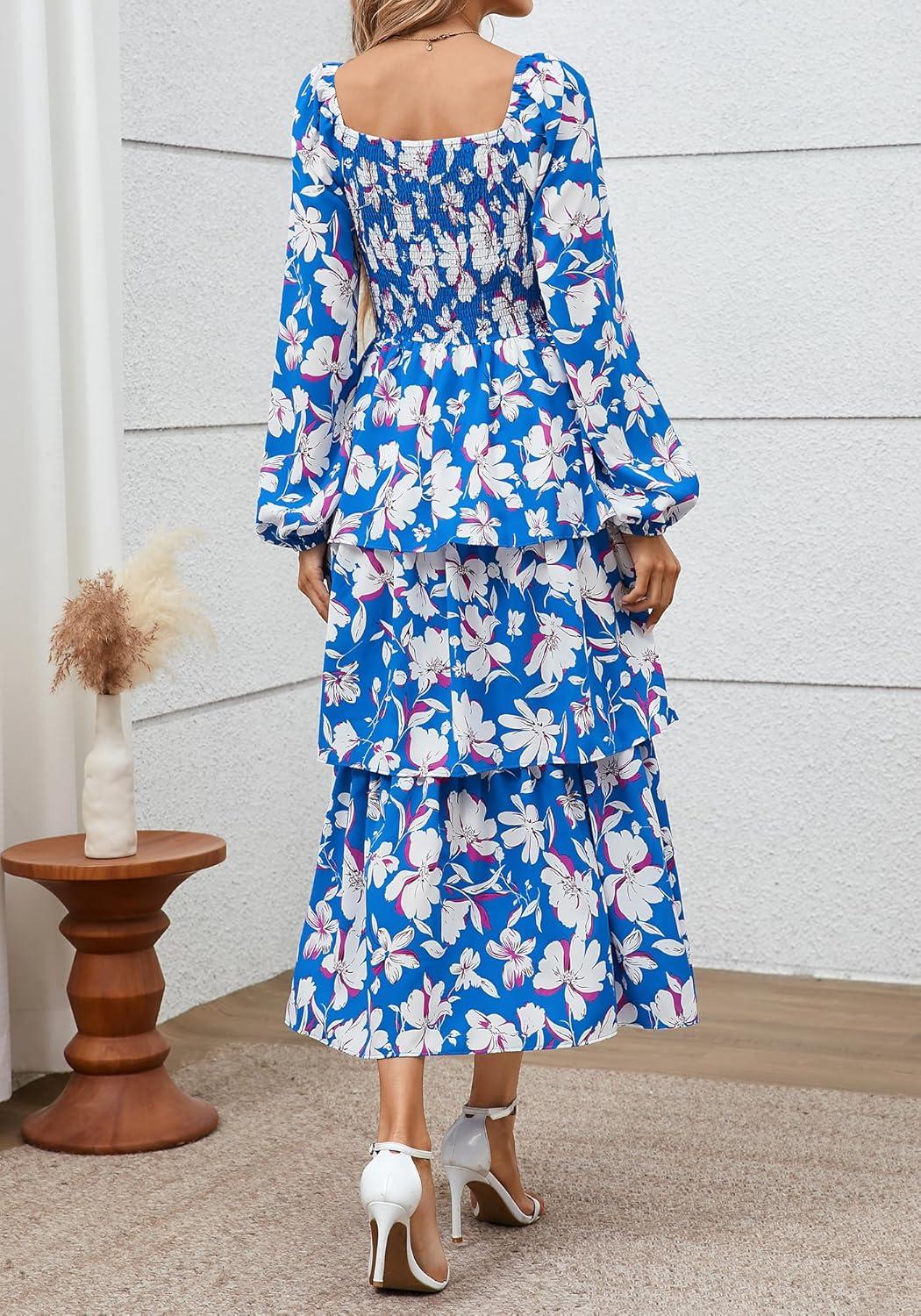 imageBTFBM Spring Dresses for Women 2026 Floral Long Sleeve Smocked Square Neck Ruffle Tiered Flowy Party Wedding Guest DressFloral Blue White