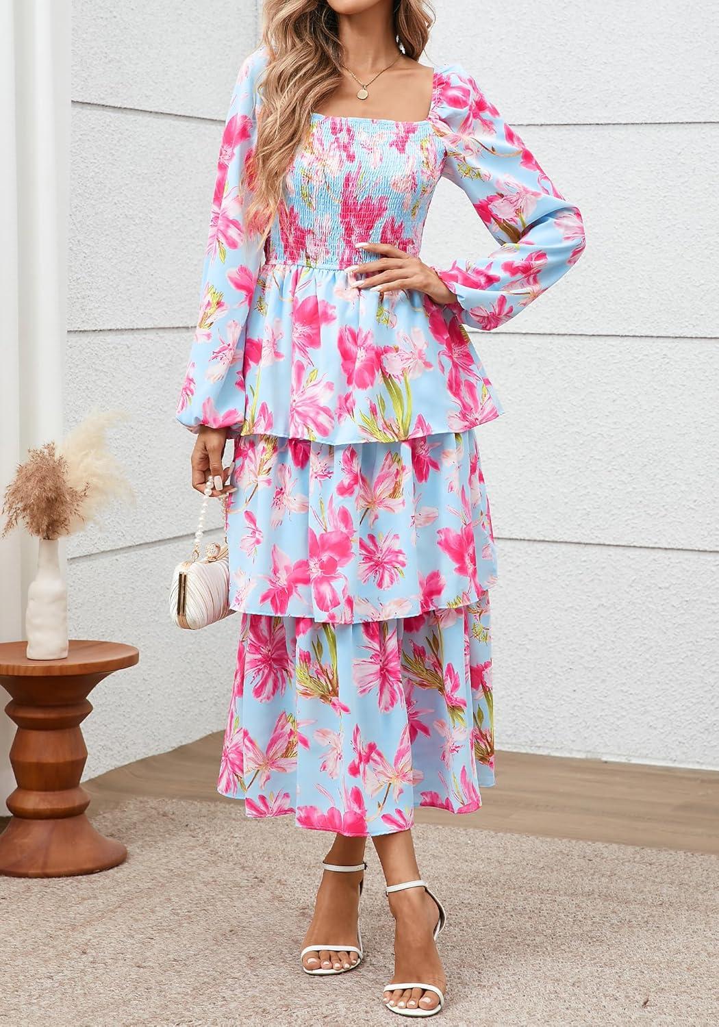 imageBTFBM Spring Dresses for Women 2026 Floral Long Sleeve Smocked Square Neck Ruffle Tiered Flowy Party Wedding Guest DressFloral Light Blue Pink
