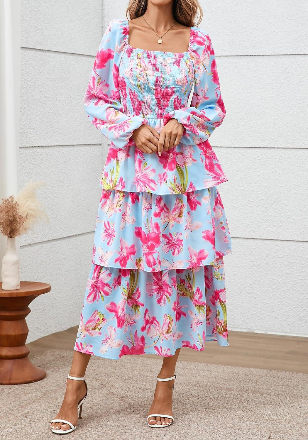 imageBTFBM Spring Dresses for Women 2026 Floral Long Sleeve Smocked Square Neck Ruffle Tiered Flowy Party Wedding Guest DressFloral Light Blue Pink