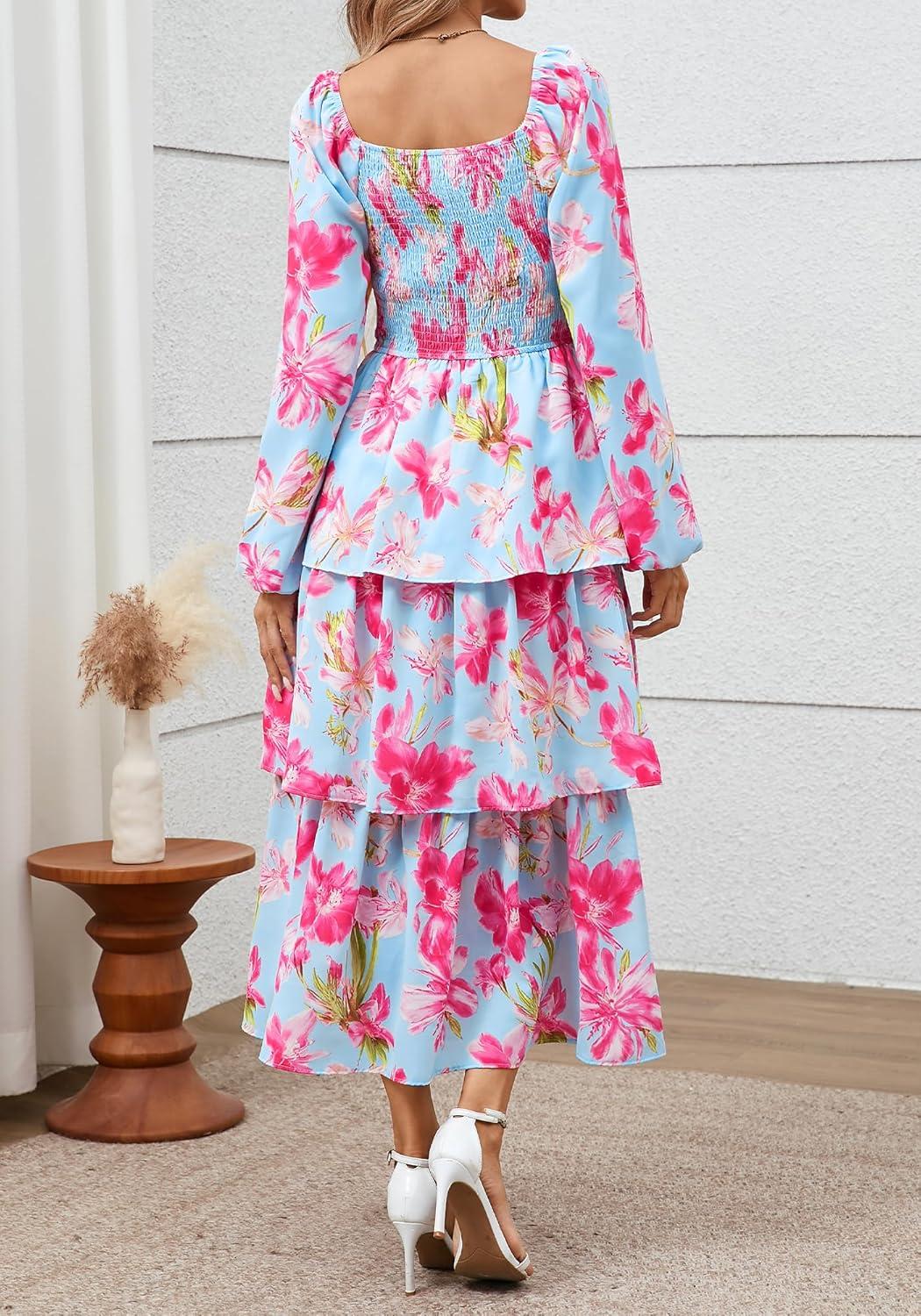 imageBTFBM Spring Dresses for Women 2026 Floral Long Sleeve Smocked Square Neck Ruffle Tiered Flowy Party Wedding Guest DressFloral Light Blue Pink