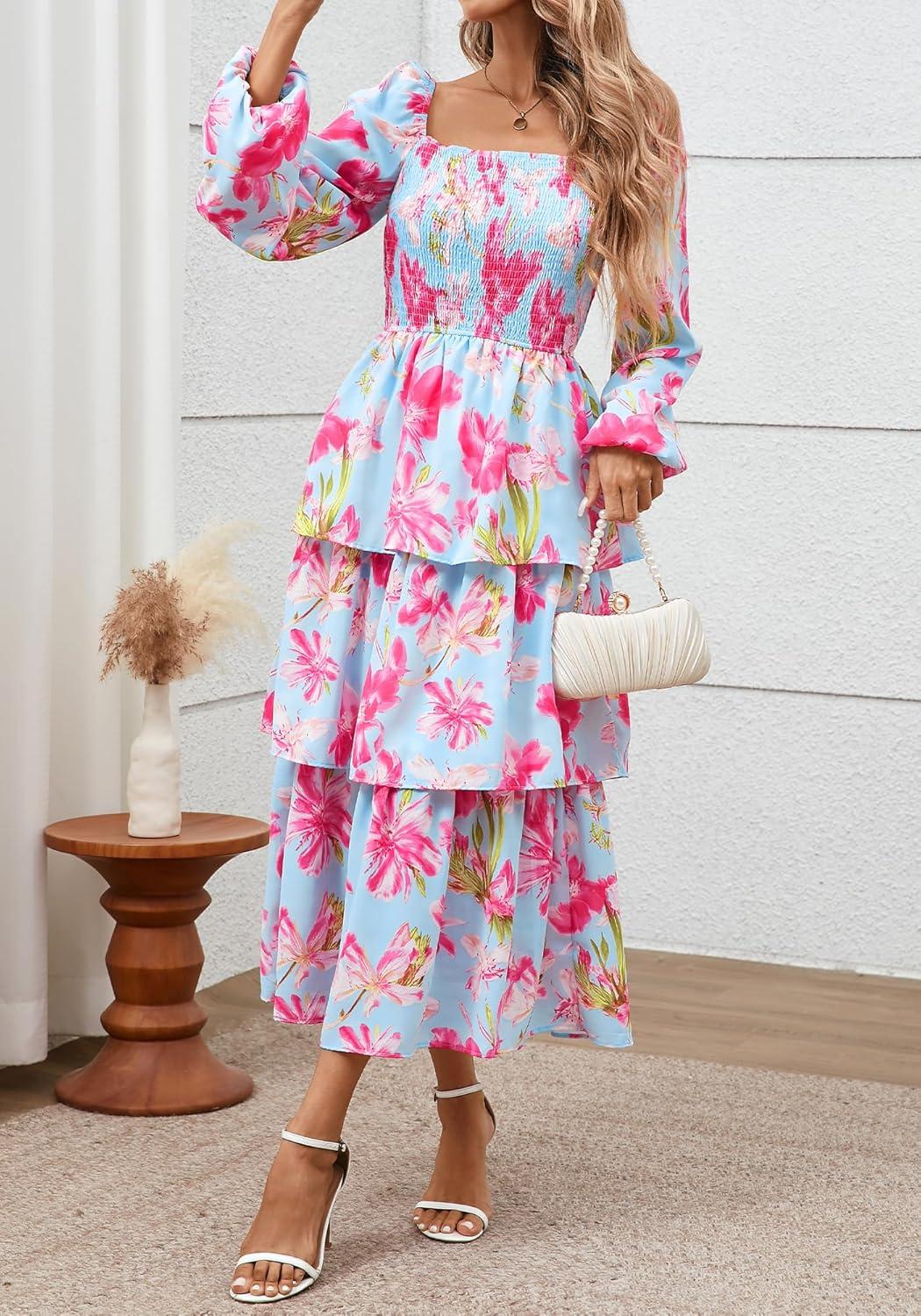 imageBTFBM Spring Dresses for Women 2026 Floral Long Sleeve Smocked Square Neck Ruffle Tiered Flowy Party Wedding Guest DressFloral Light Blue Pink