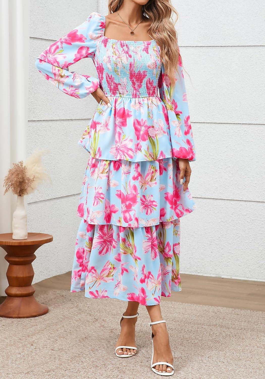 imageBTFBM Spring Dresses for Women 2026 Floral Long Sleeve Smocked Square Neck Ruffle Tiered Flowy Party Wedding Guest DressFloral Light Blue Pink