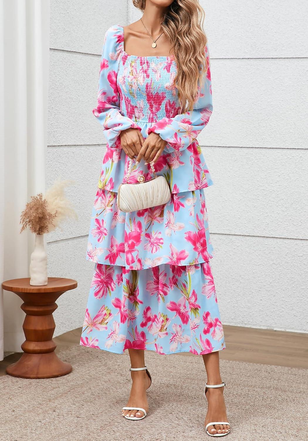imageBTFBM Spring Dresses for Women 2026 Floral Long Sleeve Smocked Square Neck Ruffle Tiered Flowy Party Wedding Guest DressFloral Light Blue Pink
