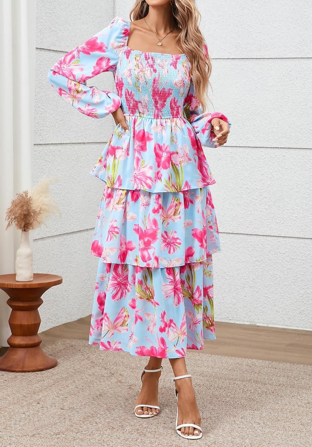 imageBTFBM Spring Dresses for Women 2026 Floral Long Sleeve Smocked Square Neck Ruffle Tiered Flowy Party Wedding Guest DressFloral Light Blue Pink