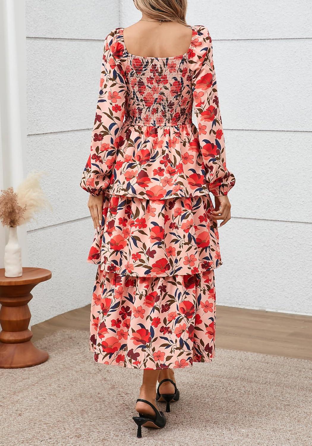 imageBTFBM Spring Dresses for Women 2026 Floral Long Sleeve Smocked Square Neck Ruffle Tiered Flowy Party Wedding Guest DressFloral Orange Pink Red