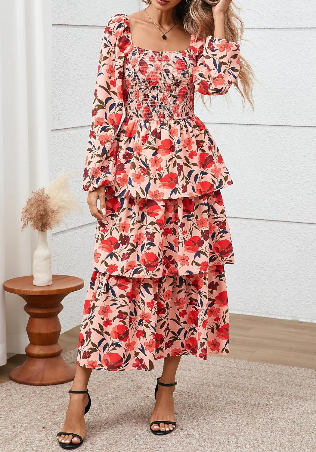 imageBTFBM Spring Dresses for Women 2026 Floral Long Sleeve Smocked Square Neck Ruffle Tiered Flowy Party Wedding Guest DressFloral Orange Pink Red