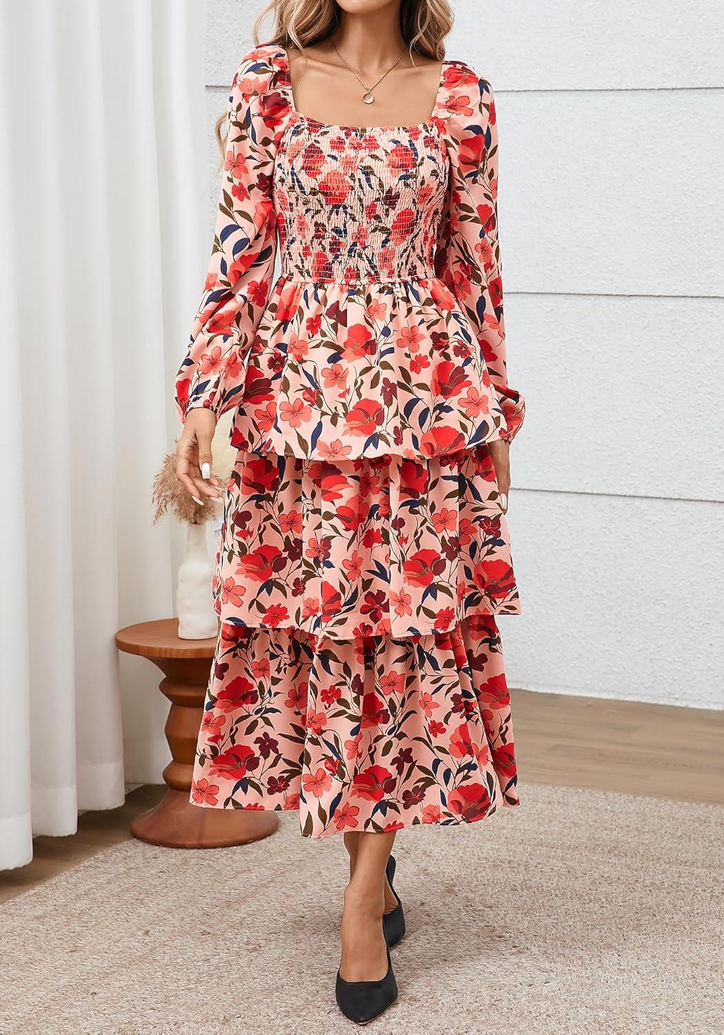 imageBTFBM Spring Dresses for Women 2026 Floral Long Sleeve Smocked Square Neck Ruffle Tiered Flowy Party Wedding Guest DressFloral Orange Pink Red