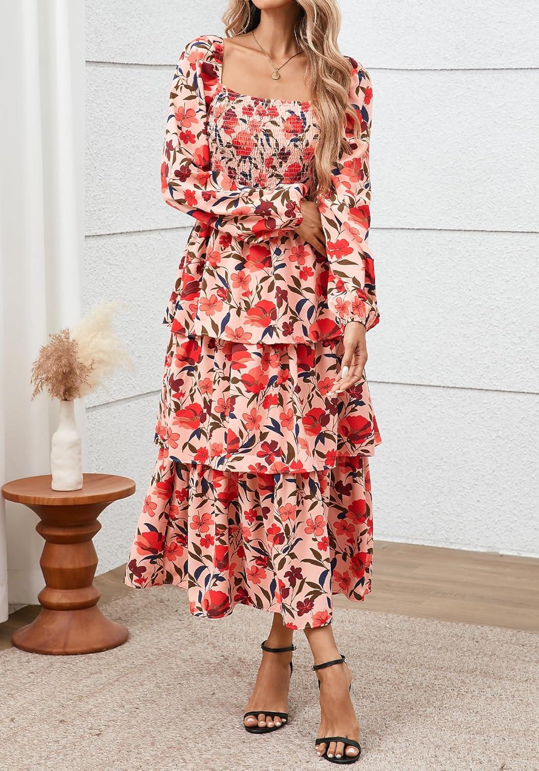 imageBTFBM Spring Dresses for Women 2026 Floral Long Sleeve Smocked Square Neck Ruffle Tiered Flowy Party Wedding Guest DressFloral Orange Pink Red