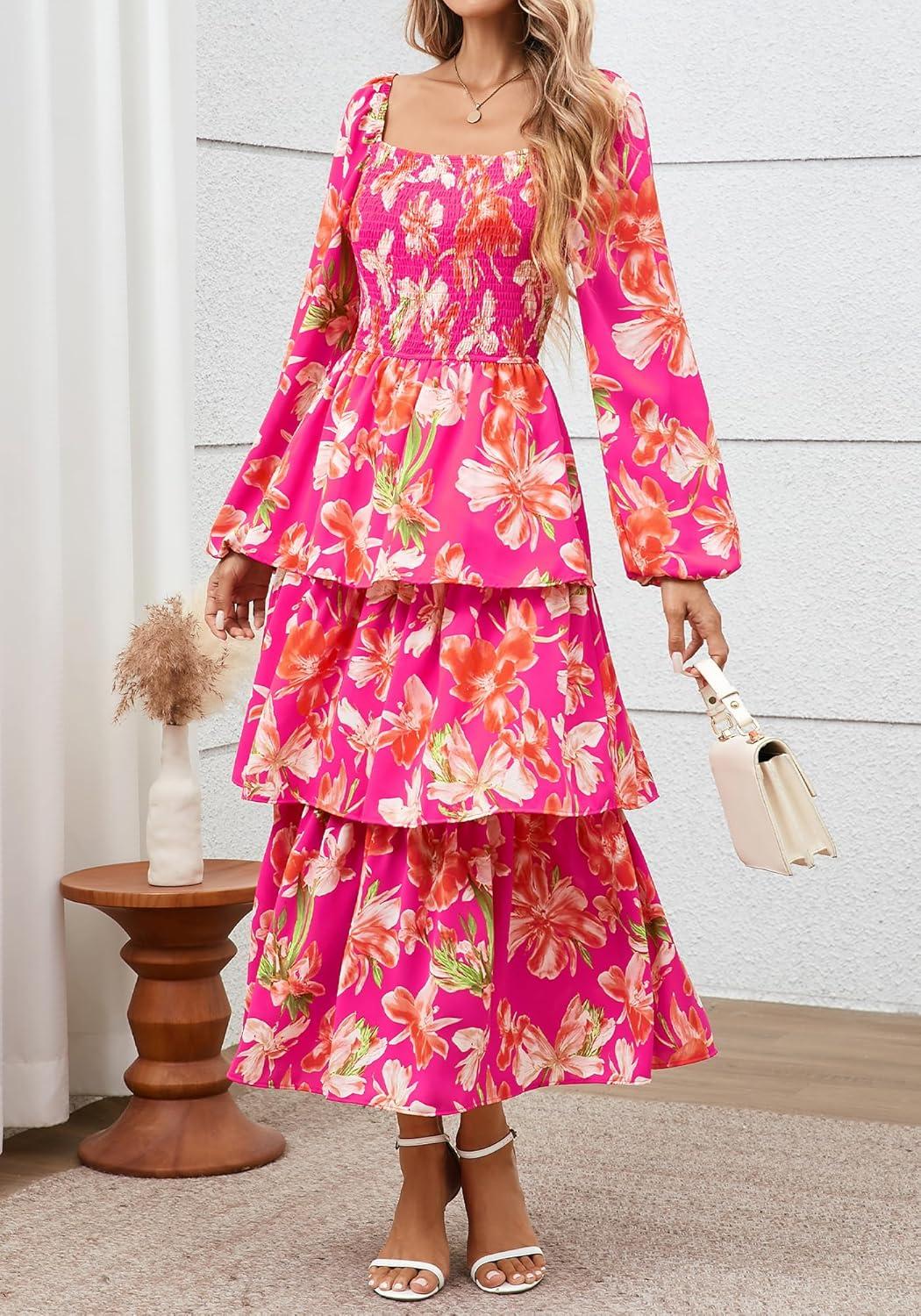 imageBTFBM Spring Dresses for Women 2026 Floral Long Sleeve Smocked Square Neck Ruffle Tiered Flowy Party Wedding Guest DressFloral Rose Red Red
