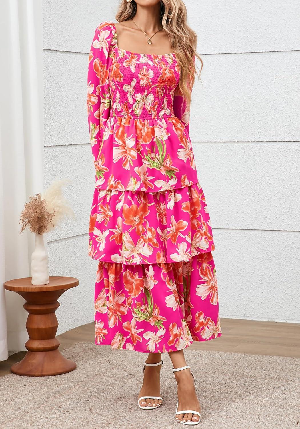 imageBTFBM Spring Dresses for Women 2026 Floral Long Sleeve Smocked Square Neck Ruffle Tiered Flowy Party Wedding Guest DressFloral Rose Red Red