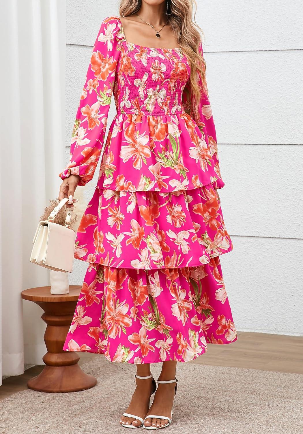 imageBTFBM Spring Dresses for Women 2026 Floral Long Sleeve Smocked Square Neck Ruffle Tiered Flowy Party Wedding Guest DressFloral Rose Red Red