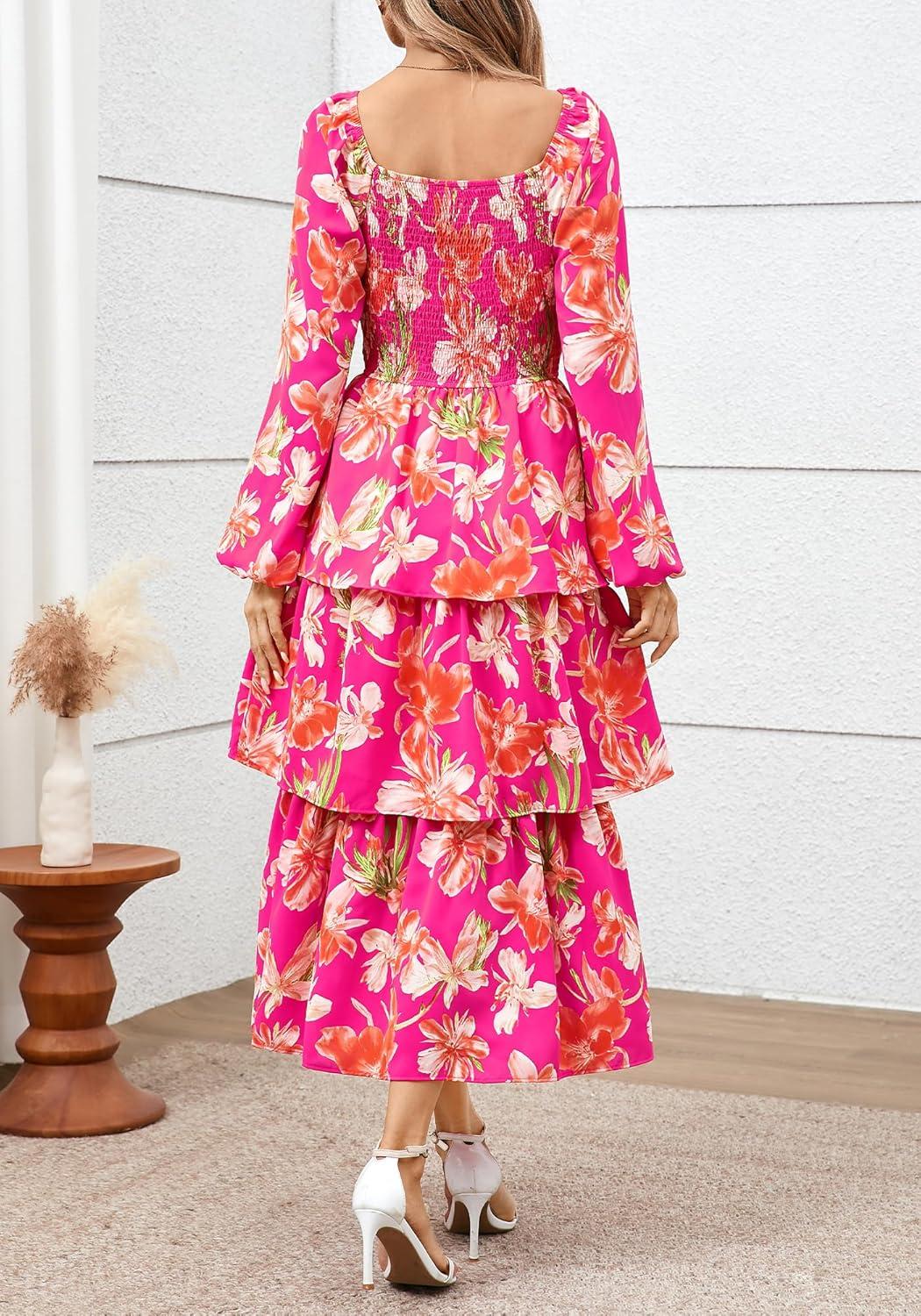 imageBTFBM Spring Dresses for Women 2026 Floral Long Sleeve Smocked Square Neck Ruffle Tiered Flowy Party Wedding Guest DressFloral Rose Red Red