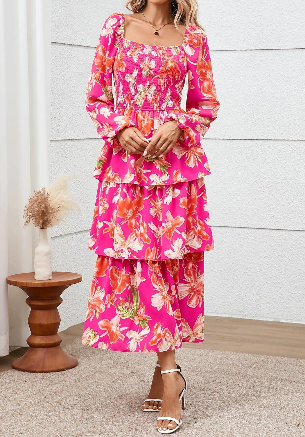 imageBTFBM Spring Dresses for Women 2026 Floral Long Sleeve Smocked Square Neck Ruffle Tiered Flowy Party Wedding Guest DressFloral Rose Red Red