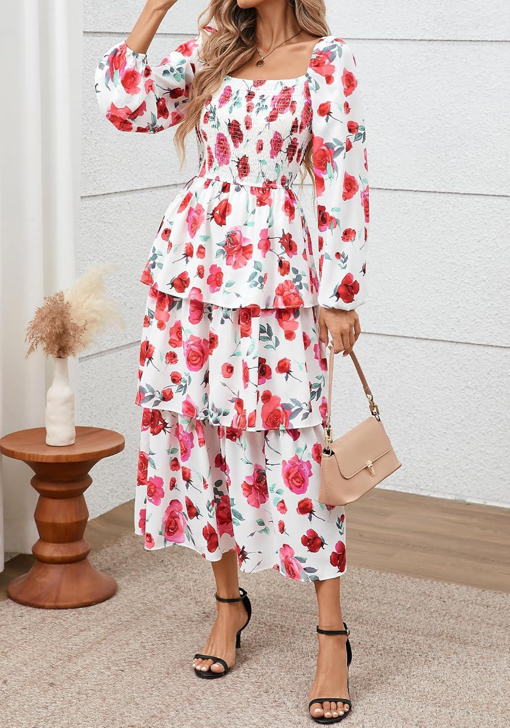 imageBTFBM Spring Dresses for Women 2026 Floral Long Sleeve Smocked Square Neck Ruffle Tiered Flowy Party Wedding Guest DressFloral White Red