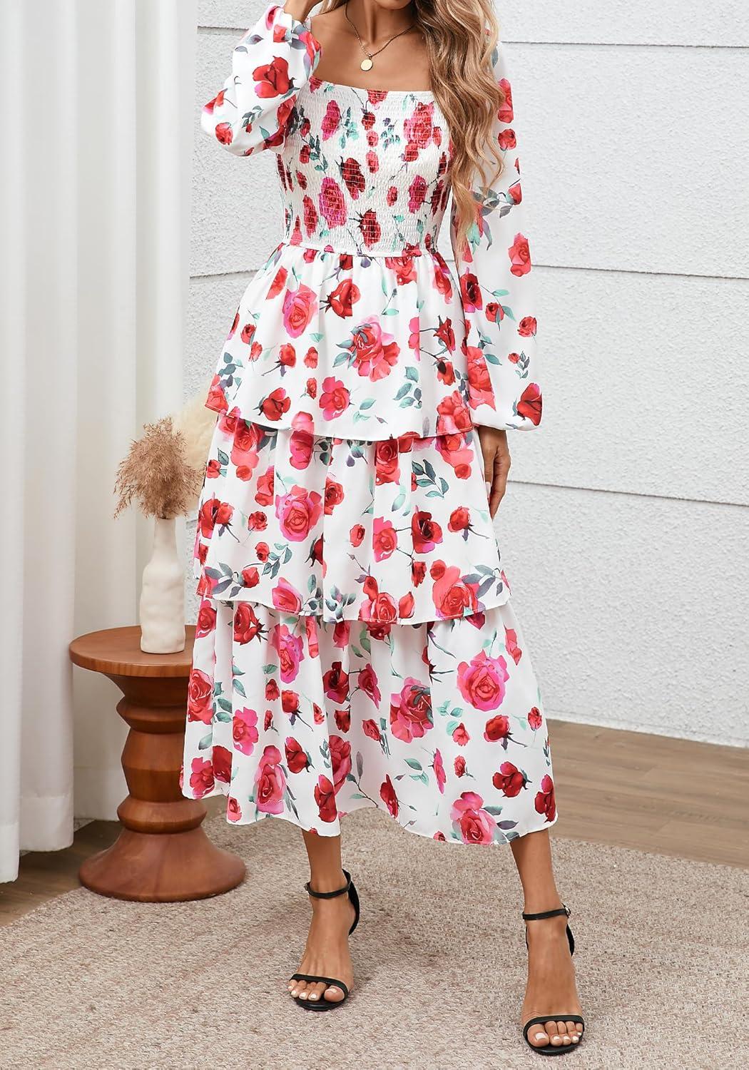 imageBTFBM Spring Dresses for Women 2026 Floral Long Sleeve Smocked Square Neck Ruffle Tiered Flowy Party Wedding Guest DressFloral White Red