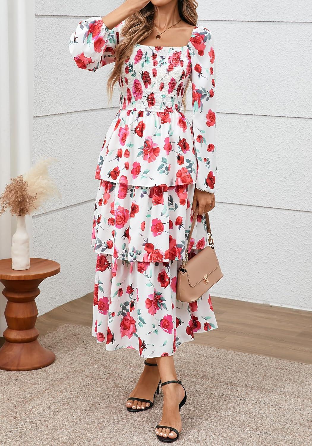 imageBTFBM Spring Dresses for Women 2026 Floral Long Sleeve Smocked Square Neck Ruffle Tiered Flowy Party Wedding Guest DressFloral White Red
