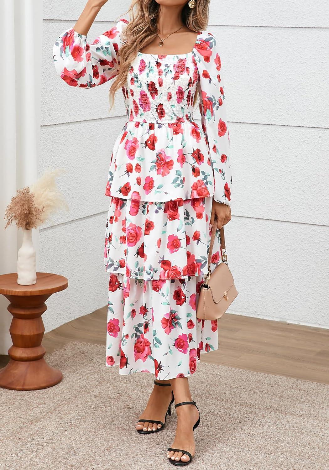 imageBTFBM Spring Dresses for Women 2026 Floral Long Sleeve Smocked Square Neck Ruffle Tiered Flowy Party Wedding Guest DressFloral White Red
