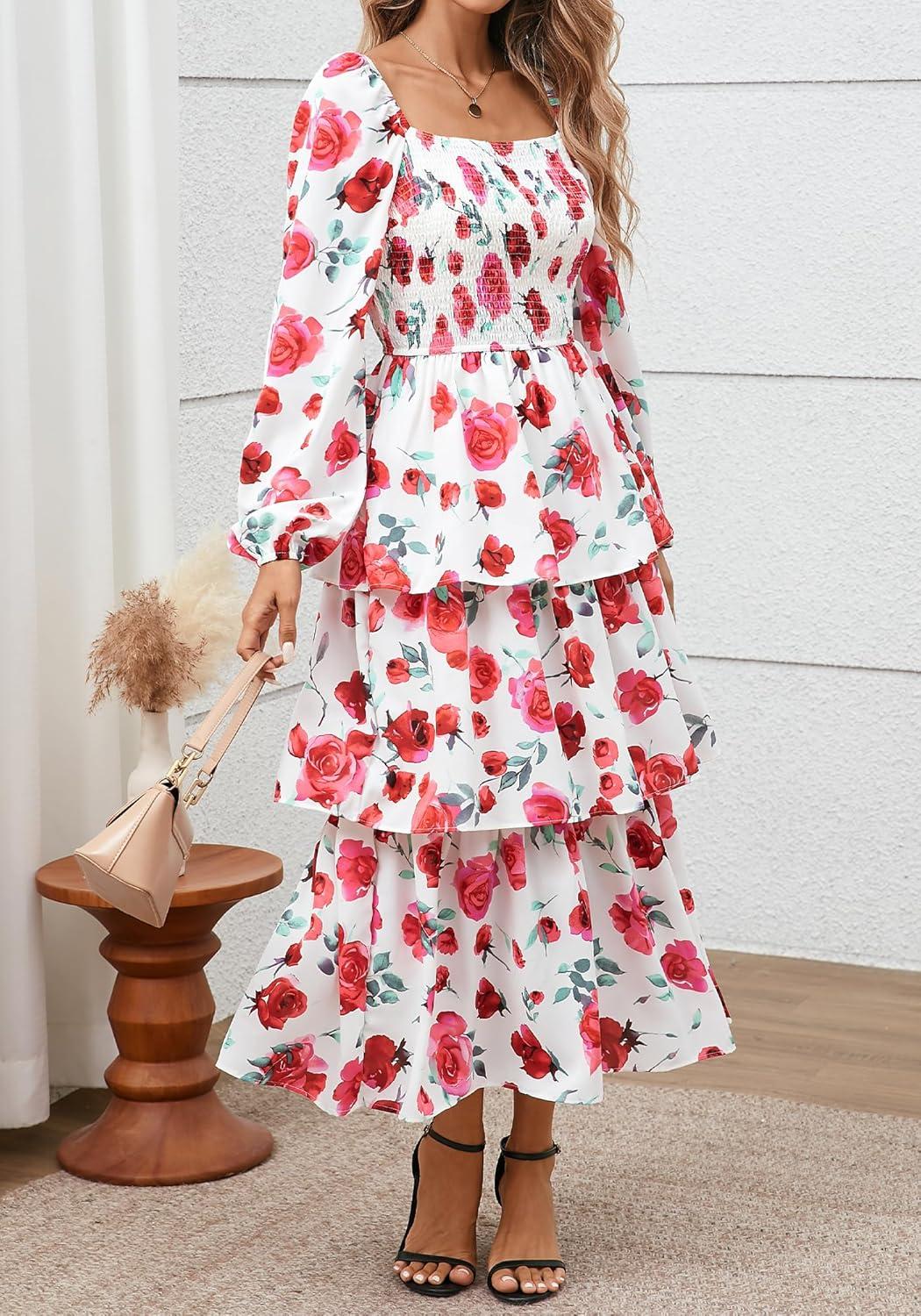imageBTFBM Spring Dresses for Women 2026 Floral Long Sleeve Smocked Square Neck Ruffle Tiered Flowy Party Wedding Guest DressFloral White Red
