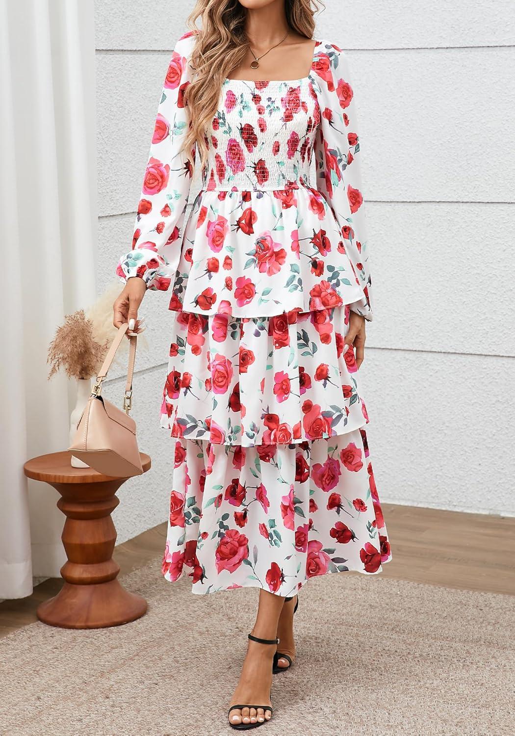 imageBTFBM Spring Dresses for Women 2026 Floral Long Sleeve Smocked Square Neck Ruffle Tiered Flowy Party Wedding Guest DressFloral White Red