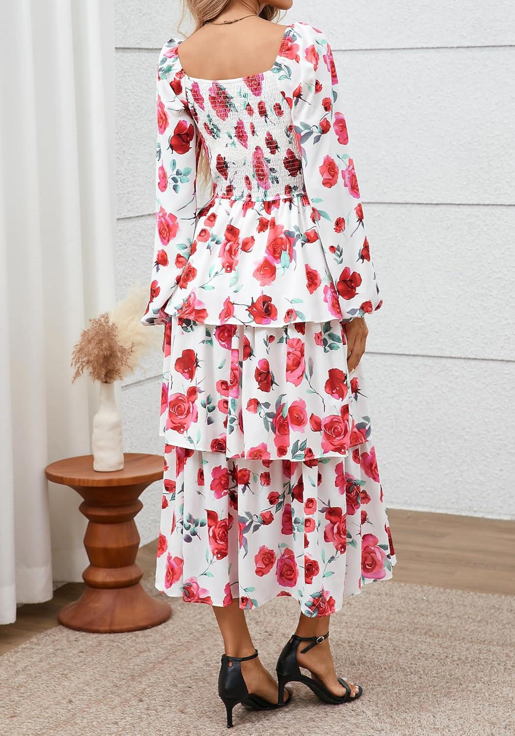 imageBTFBM Spring Dresses for Women 2026 Floral Long Sleeve Smocked Square Neck Ruffle Tiered Flowy Party Wedding Guest DressFloral White Red