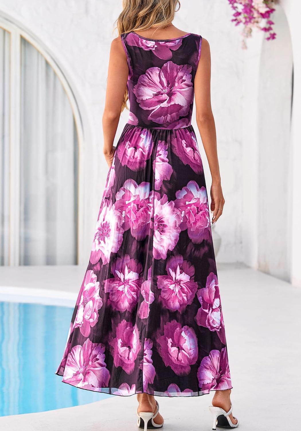 imageBTFBM Summer Dresses for Women 2026 Floral Maxi Dress Sleeveless Mesh Flowy Long Sundress Beach Vacation Clothes PocketsBlack Flower