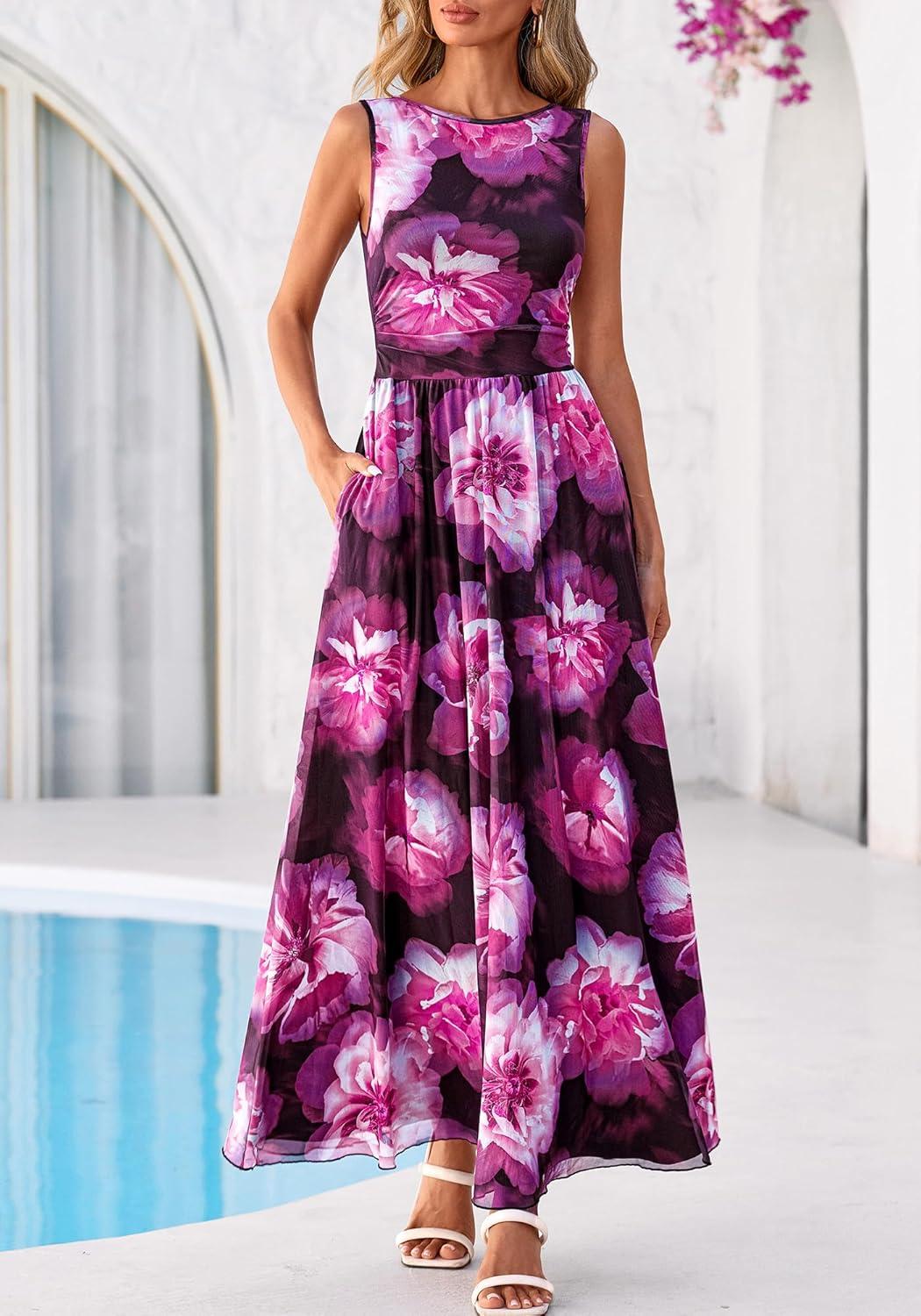 imageBTFBM Summer Dresses for Women 2026 Floral Maxi Dress Sleeveless Mesh Flowy Long Sundress Beach Vacation Clothes PocketsBlack Flower