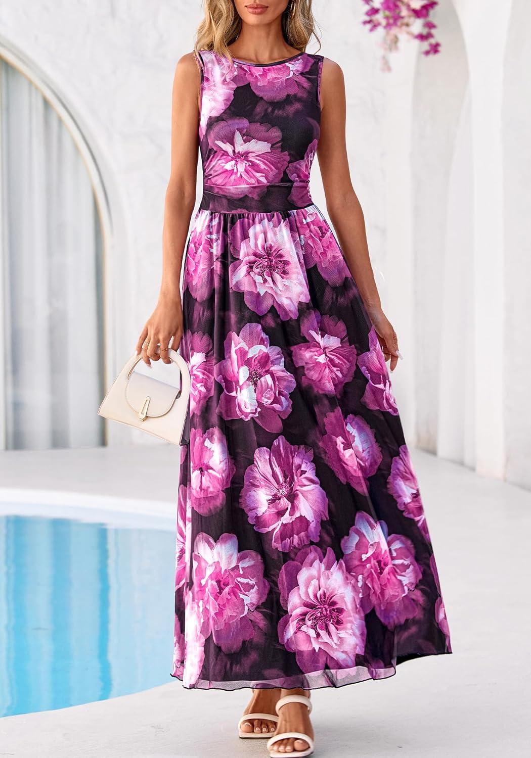 imageBTFBM Summer Dresses for Women 2026 Floral Maxi Dress Sleeveless Mesh Flowy Long Sundress Beach Vacation Clothes PocketsBlack Flower