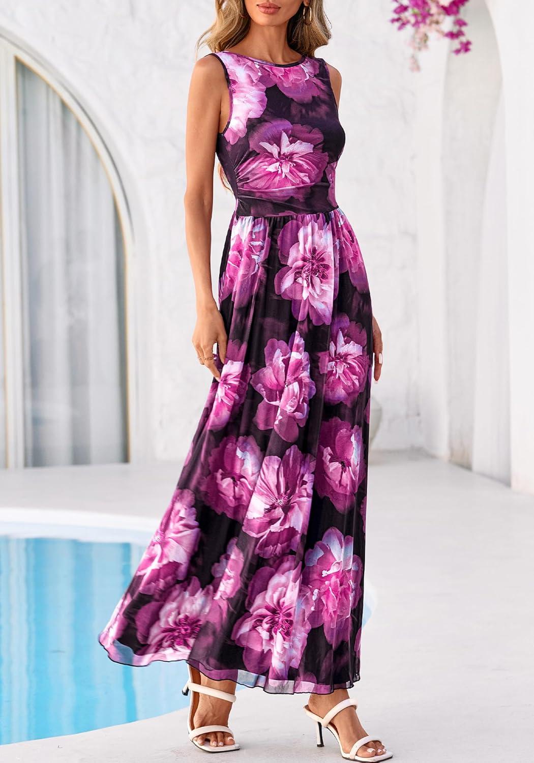 imageBTFBM Summer Dresses for Women 2026 Floral Maxi Dress Sleeveless Mesh Flowy Long Sundress Beach Vacation Clothes PocketsBlack Flower