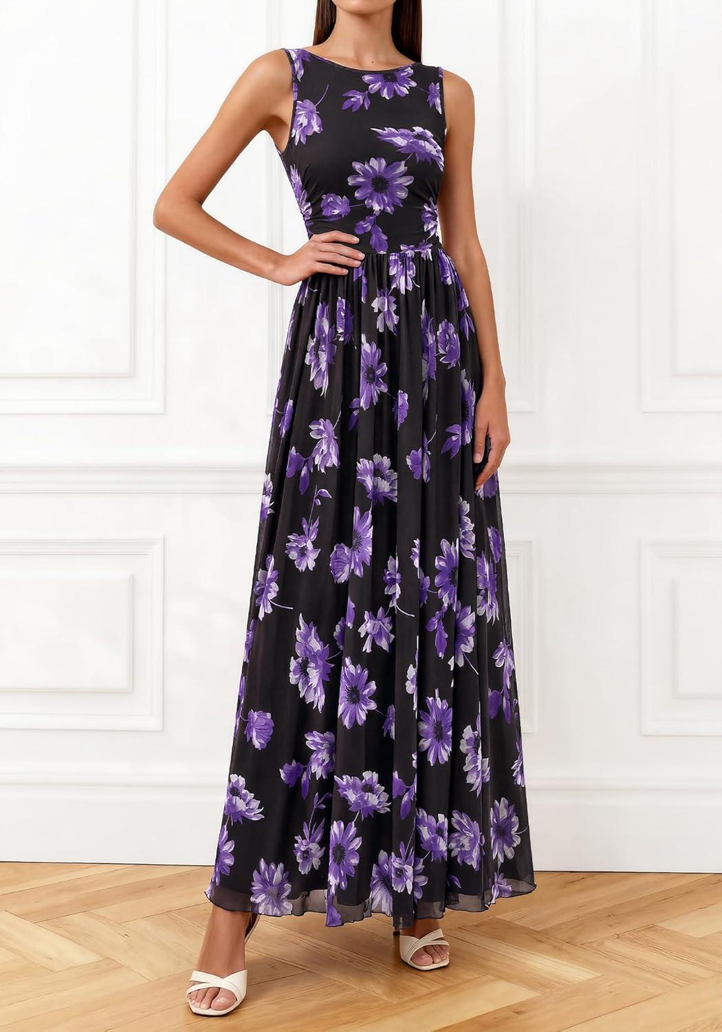 imageBTFBM Summer Dresses for Women 2026 Floral Maxi Dress Sleeveless Mesh Flowy Long Sundress Beach Vacation Clothes PocketsBlack Purple Flower