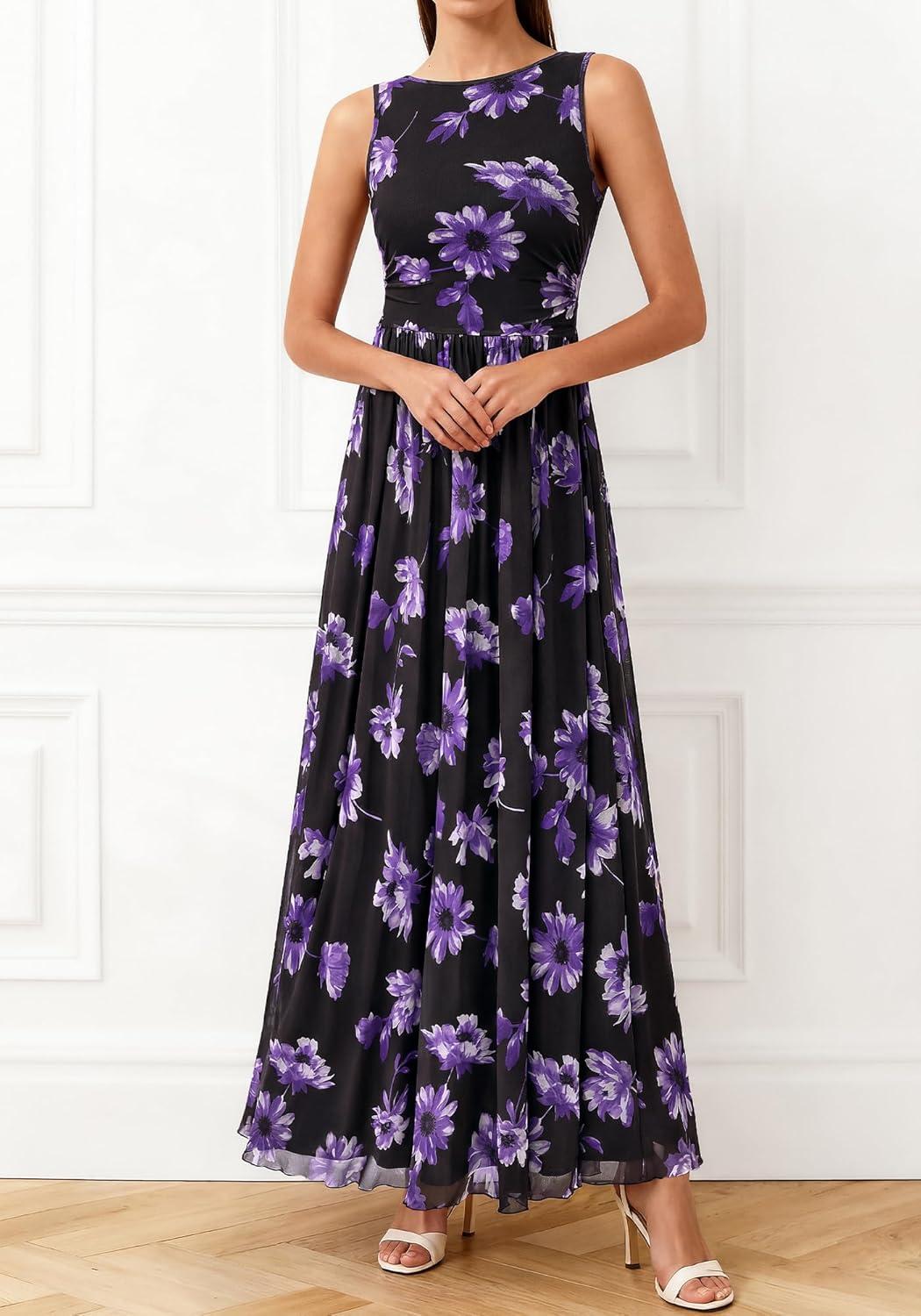 imageBTFBM Summer Dresses for Women 2026 Floral Maxi Dress Sleeveless Mesh Flowy Long Sundress Beach Vacation Clothes PocketsBlack Purple Flower