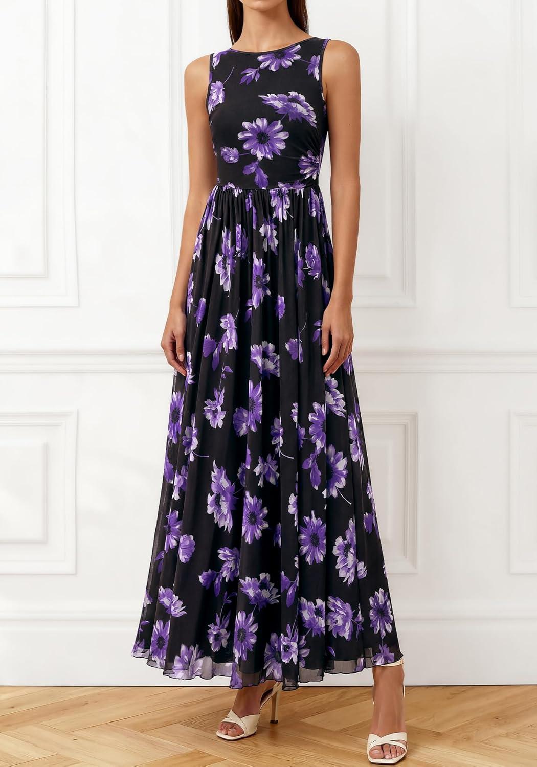 imageBTFBM Summer Dresses for Women 2026 Floral Maxi Dress Sleeveless Mesh Flowy Long Sundress Beach Vacation Clothes PocketsBlack Purple Flower