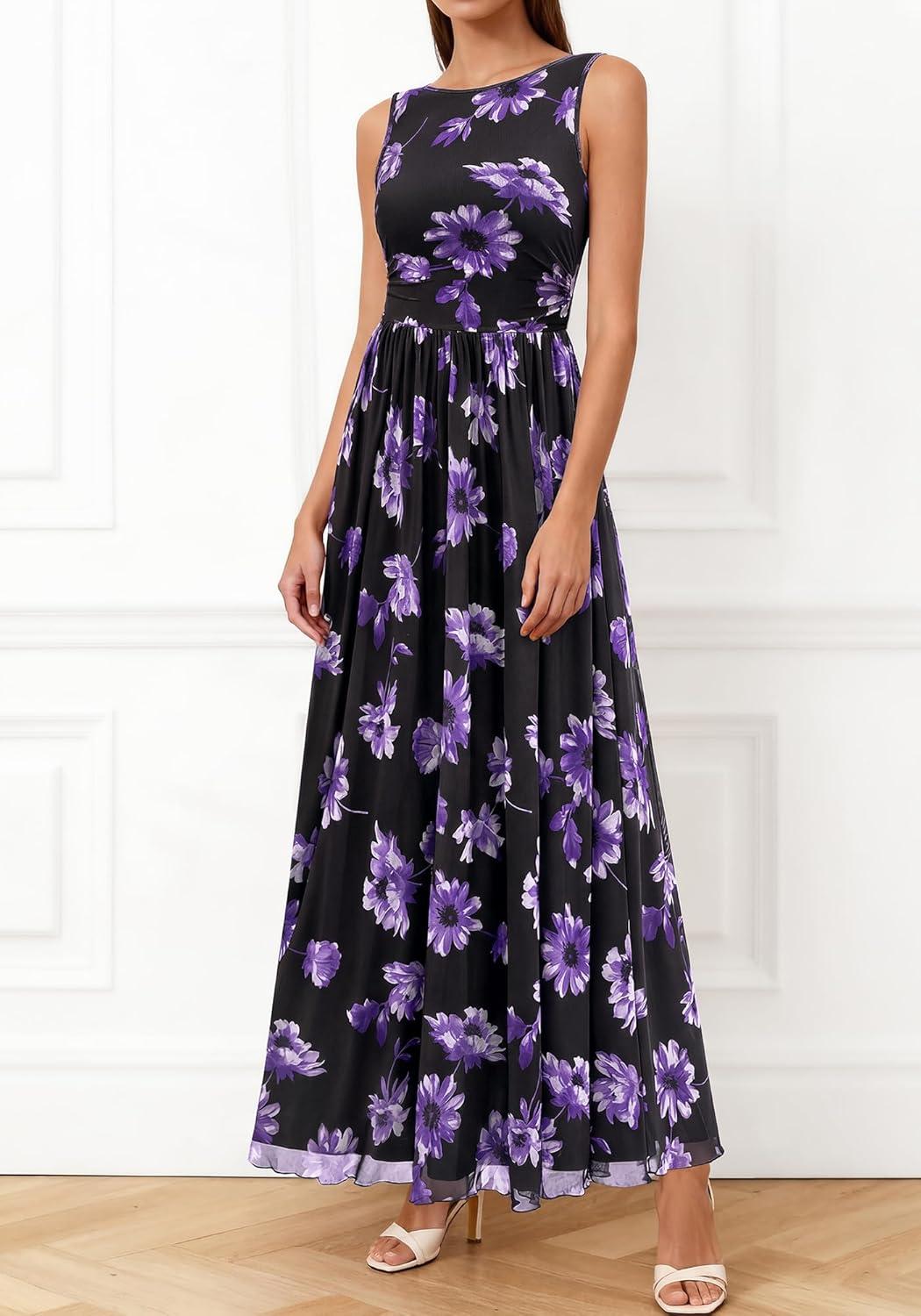 imageBTFBM Summer Dresses for Women 2026 Floral Maxi Dress Sleeveless Mesh Flowy Long Sundress Beach Vacation Clothes PocketsBlack Purple Flower