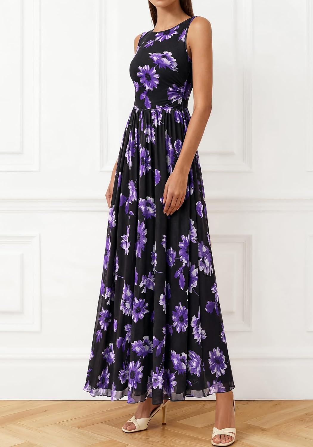imageBTFBM Summer Dresses for Women 2026 Floral Maxi Dress Sleeveless Mesh Flowy Long Sundress Beach Vacation Clothes PocketsBlack Purple Flower