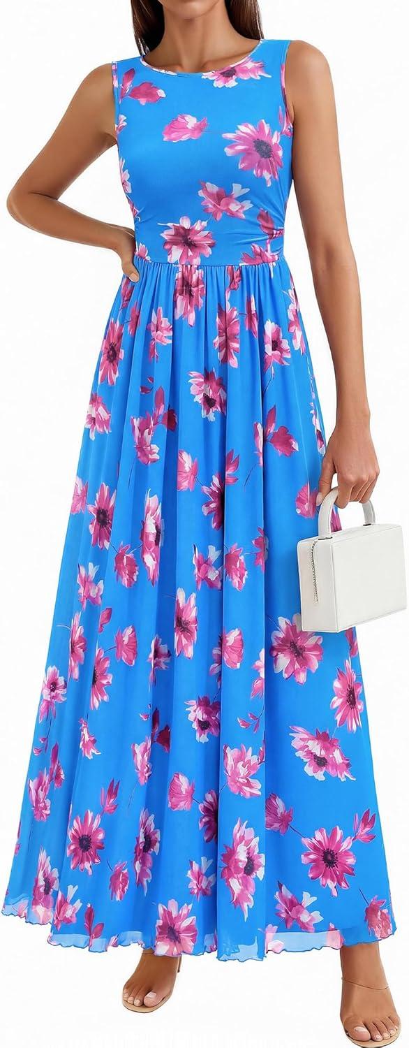 imageBTFBM Summer Dresses for Women 2026 Floral Maxi Dress Sleeveless Mesh Flowy Long Sundress Beach Vacation Clothes PocketsBlue Red Flower