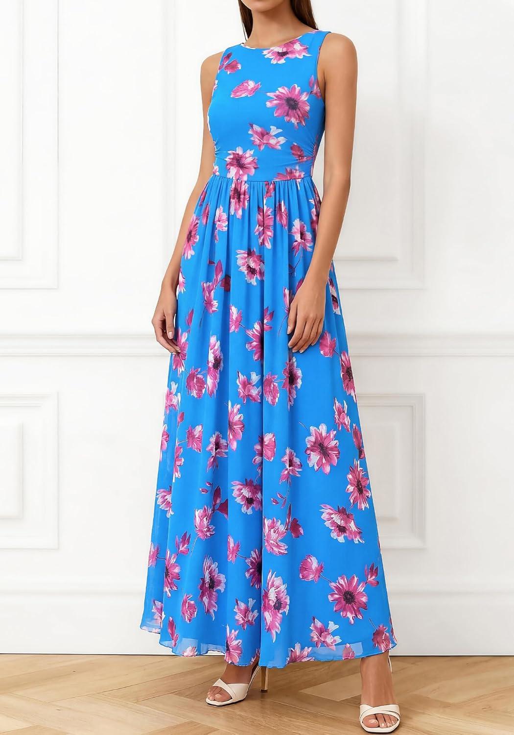 imageBTFBM Summer Dresses for Women 2026 Floral Maxi Dress Sleeveless Mesh Flowy Long Sundress Beach Vacation Clothes PocketsBlue Red Flower