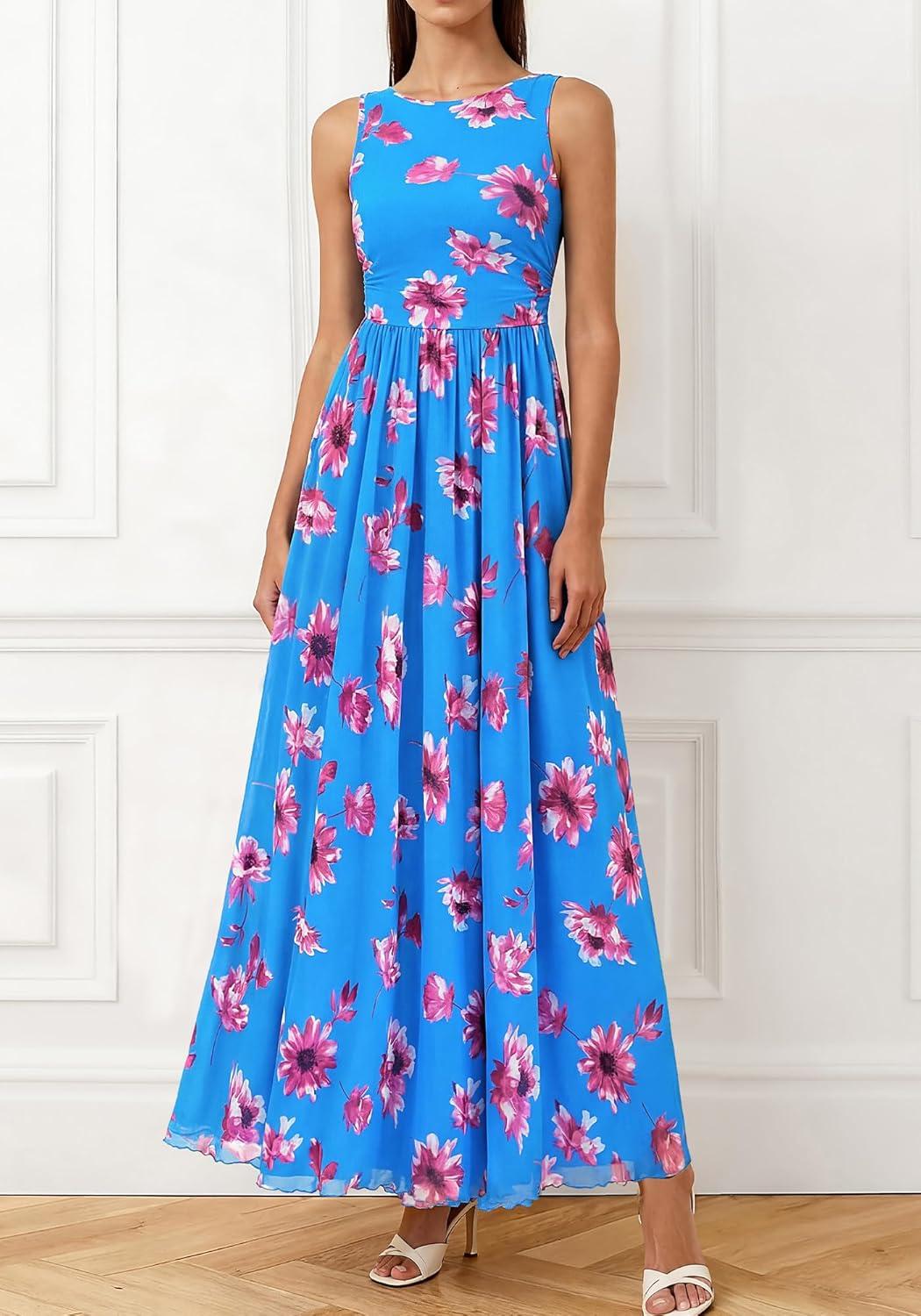 imageBTFBM Summer Dresses for Women 2026 Floral Maxi Dress Sleeveless Mesh Flowy Long Sundress Beach Vacation Clothes PocketsBlue Red Flower