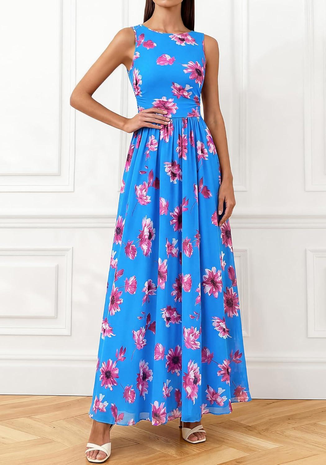 imageBTFBM Summer Dresses for Women 2026 Floral Maxi Dress Sleeveless Mesh Flowy Long Sundress Beach Vacation Clothes PocketsBlue Red Flower