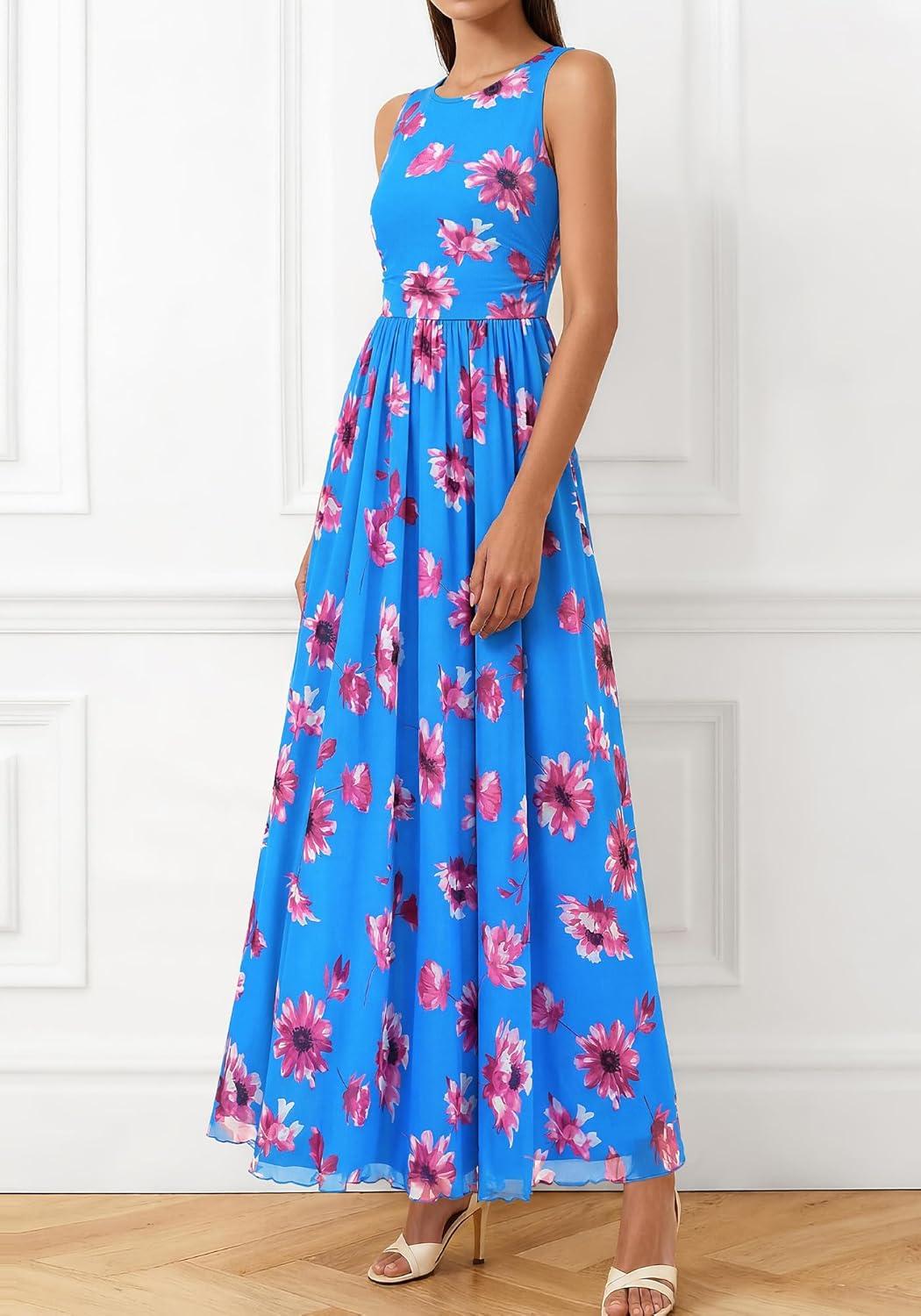 imageBTFBM Summer Dresses for Women 2026 Floral Maxi Dress Sleeveless Mesh Flowy Long Sundress Beach Vacation Clothes PocketsBlue Red Flower