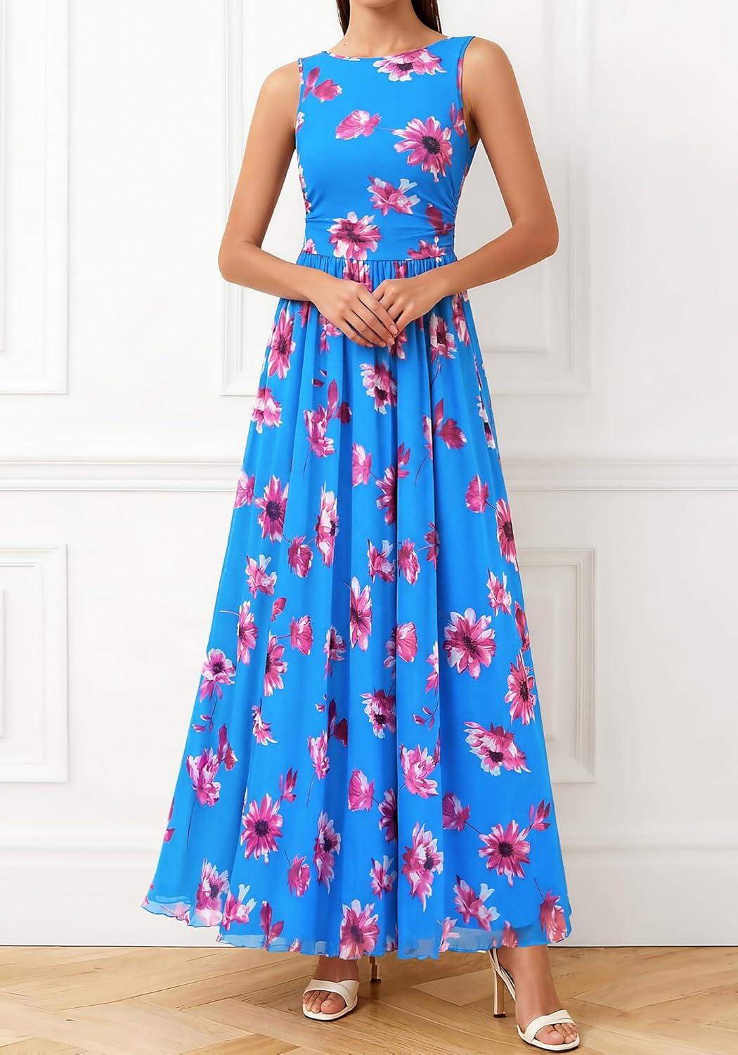 imageBTFBM Summer Dresses for Women 2026 Floral Maxi Dress Sleeveless Mesh Flowy Long Sundress Beach Vacation Clothes PocketsBlue Red Flower