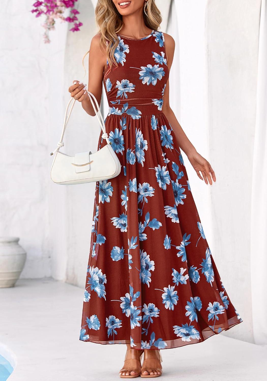 imageBTFBM Summer Dresses for Women 2026 Floral Maxi Dress Sleeveless Mesh Flowy Long Sundress Beach Vacation Clothes PocketsBrown Blue Flower
