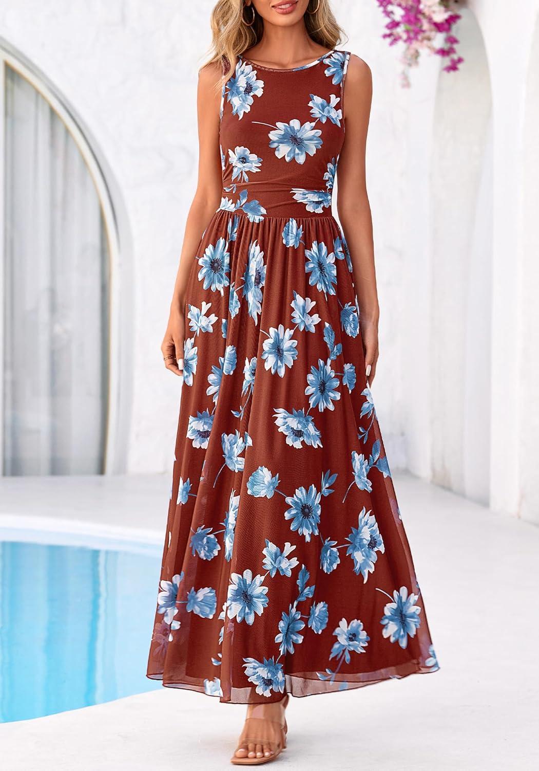 imageBTFBM Summer Dresses for Women 2026 Floral Maxi Dress Sleeveless Mesh Flowy Long Sundress Beach Vacation Clothes PocketsBrown Blue Flower