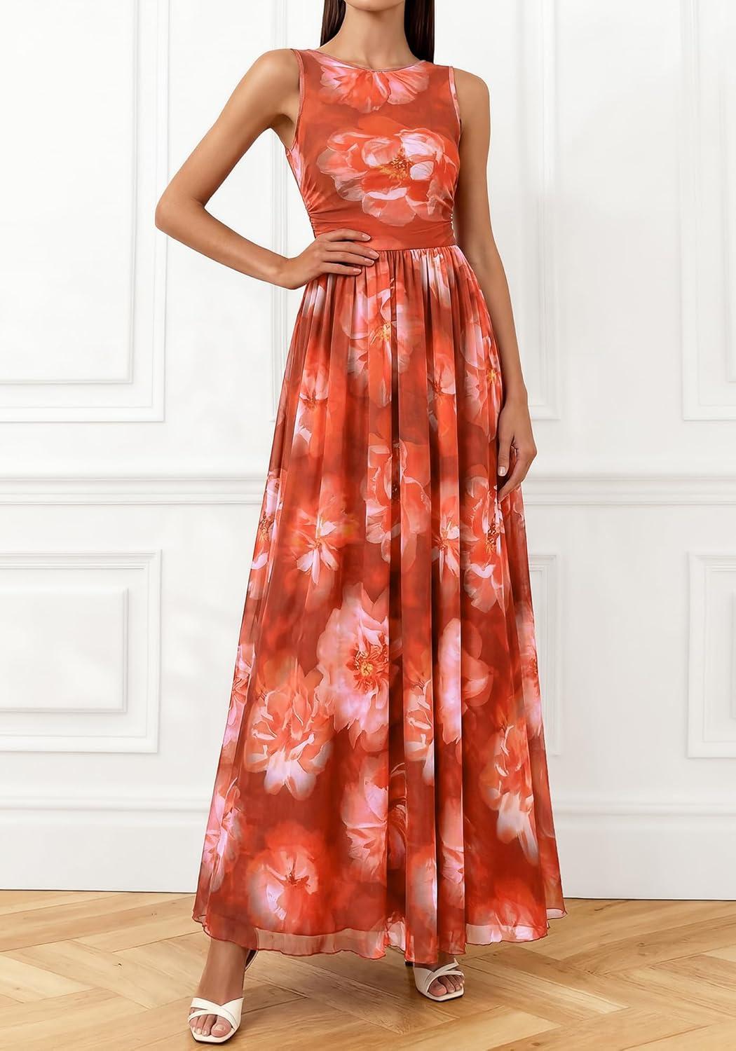 imageBTFBM Summer Dresses for Women 2026 Floral Maxi Dress Sleeveless Mesh Flowy Long Sundress Beach Vacation Clothes PocketsBrown Red Flower