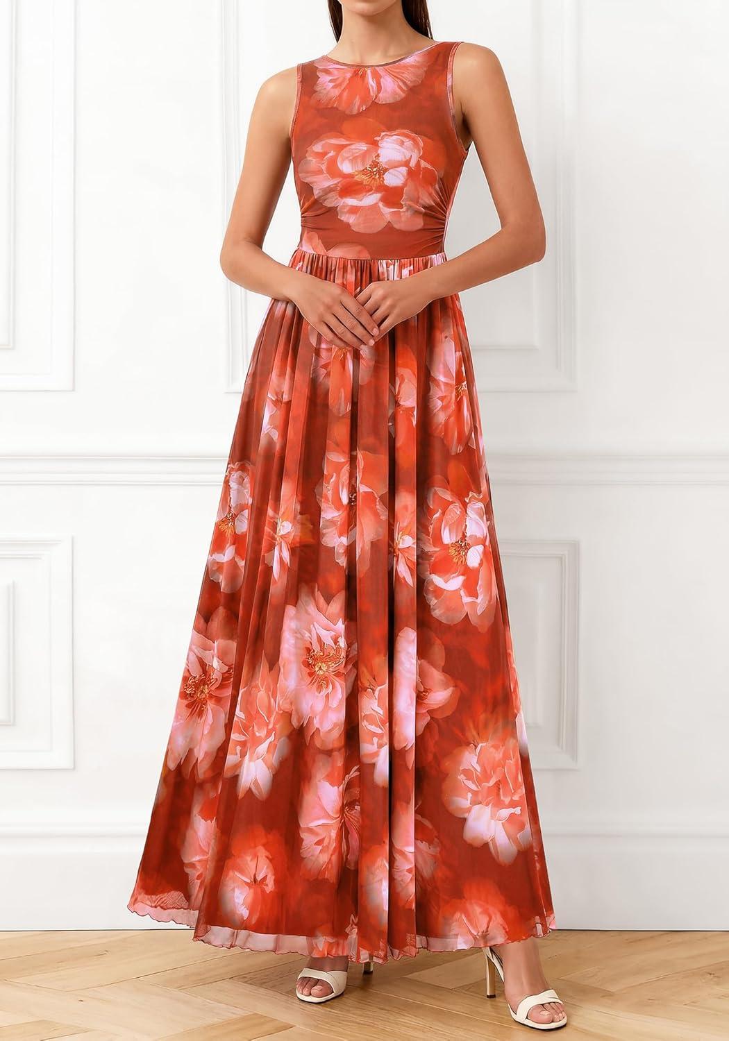 imageBTFBM Summer Dresses for Women 2026 Floral Maxi Dress Sleeveless Mesh Flowy Long Sundress Beach Vacation Clothes PocketsBrown Red Flower
