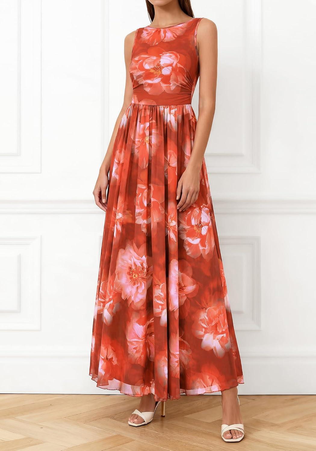 imageBTFBM Summer Dresses for Women 2026 Floral Maxi Dress Sleeveless Mesh Flowy Long Sundress Beach Vacation Clothes PocketsBrown Red Flower
