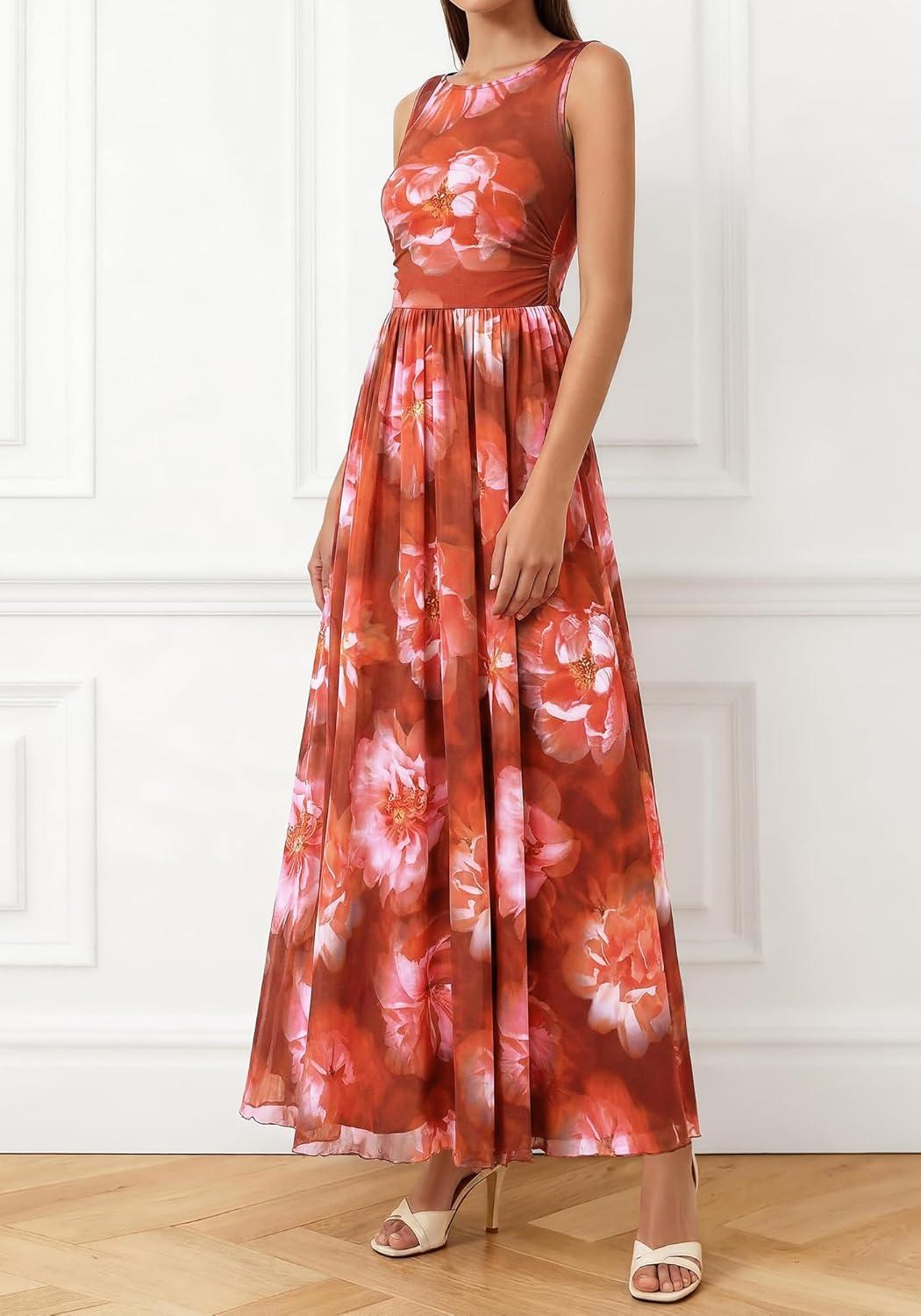 imageBTFBM Summer Dresses for Women 2026 Floral Maxi Dress Sleeveless Mesh Flowy Long Sundress Beach Vacation Clothes PocketsBrown Red Flower