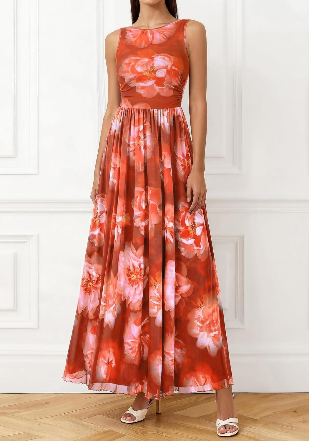 imageBTFBM Summer Dresses for Women 2026 Floral Maxi Dress Sleeveless Mesh Flowy Long Sundress Beach Vacation Clothes PocketsBrown Red Flower