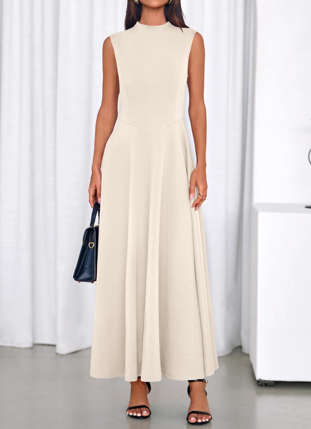 imageBTFBM Summer Dresses for Women 2026 Mock Neck Sleeveless High Waist Flowy Aline Maxi Spring Wedding Guest Dress CocktailBeige