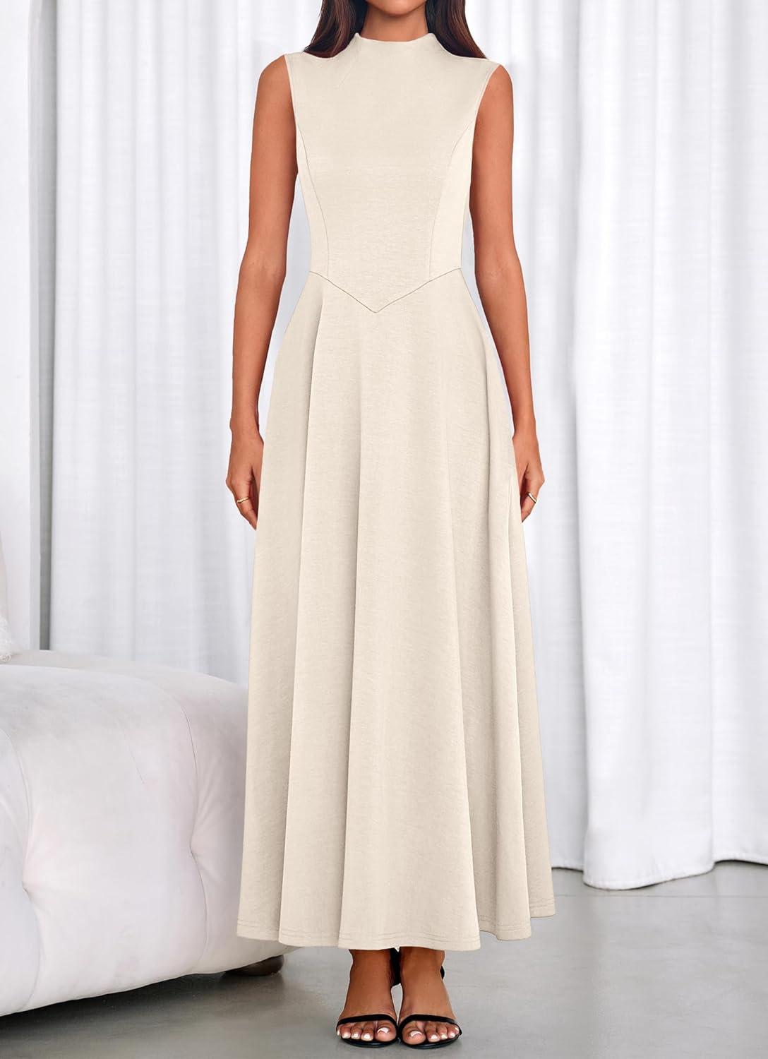 imageBTFBM Summer Dresses for Women 2026 Mock Neck Sleeveless High Waist Flowy Aline Maxi Spring Wedding Guest Dress CocktailBeige
