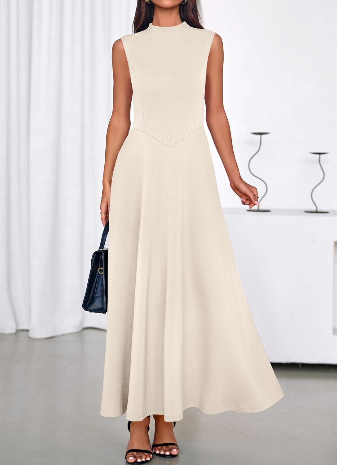 imageBTFBM Summer Dresses for Women 2026 Mock Neck Sleeveless High Waist Flowy Aline Maxi Spring Wedding Guest Dress CocktailBeige