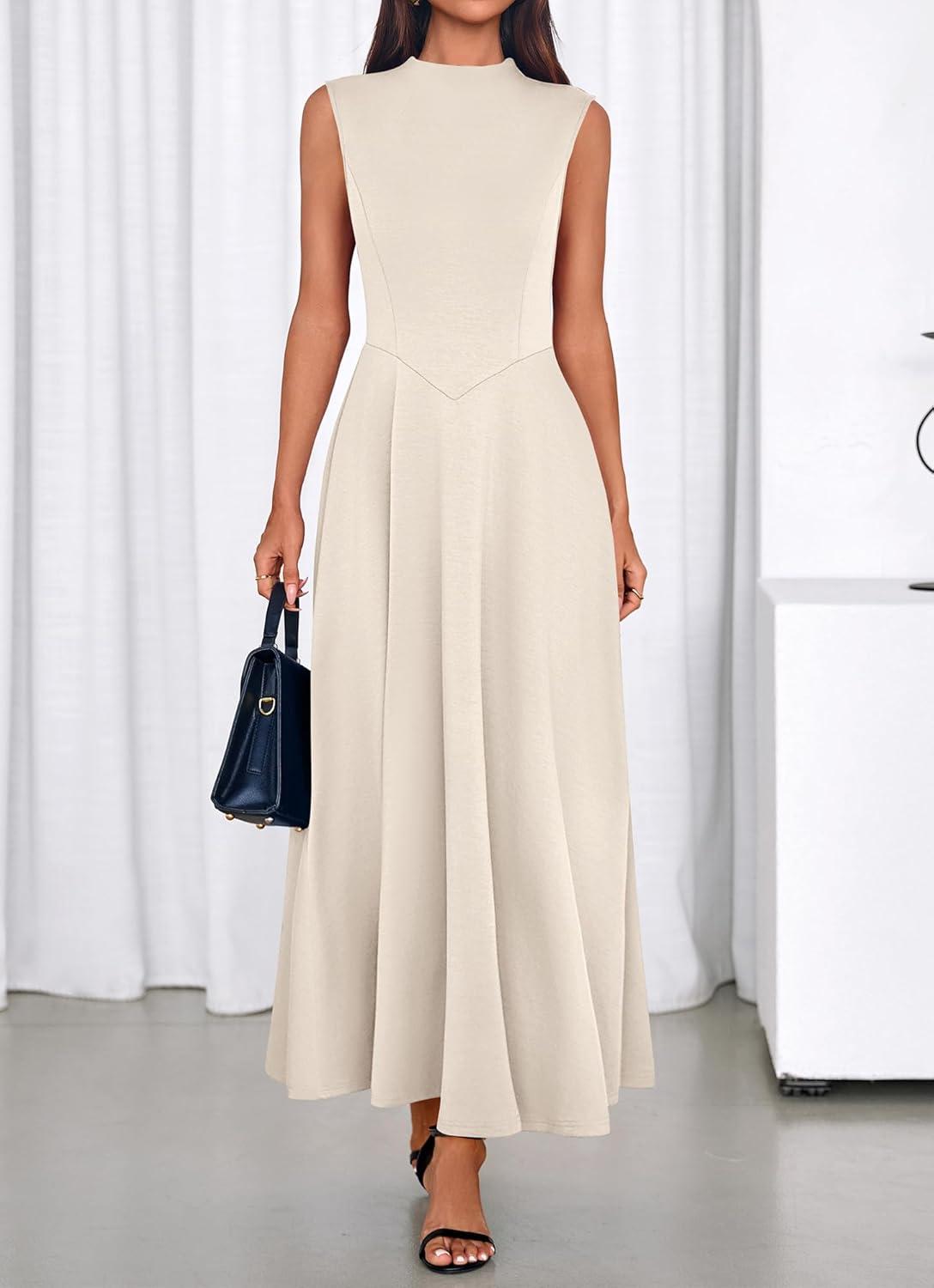 imageBTFBM Summer Dresses for Women 2026 Mock Neck Sleeveless High Waist Flowy Aline Maxi Spring Wedding Guest Dress CocktailBeige